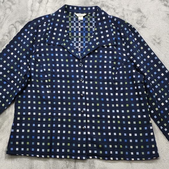 Christopher & Banks Jacket Womens XL Blue Green Check Plaid Cotton 3/4 Sleeve - Picture 2 of 11
